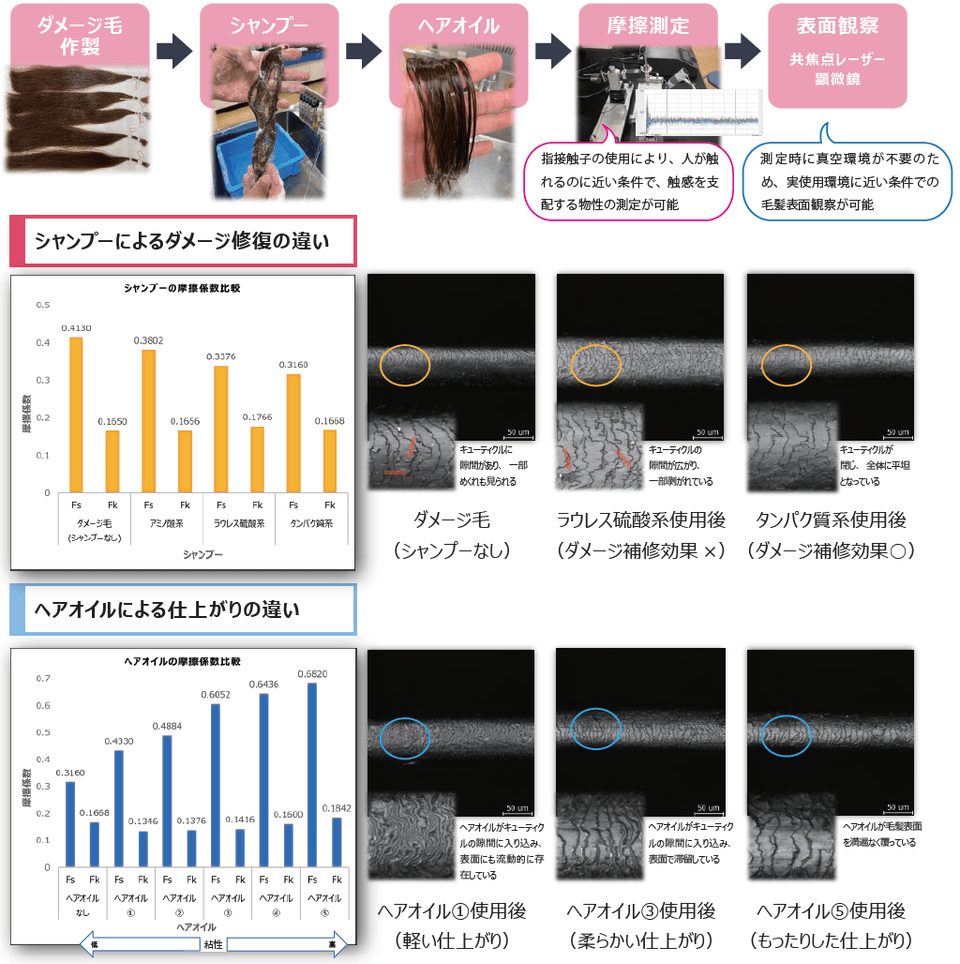 毛髪のダメージ改善および仕上がりの評価例