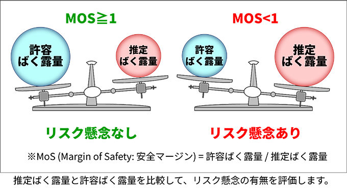 「化学物質の安全性評価」サイト用の、推定ばく露量と許容ばく露量を比較し、リスク懸念の有無を評価する化学物質安全性評価の図。住化分析センターの毒性学の専門知識と豊富な経験を持つリスク評価の専門家が、信頼性の高い評価報告書を提供。