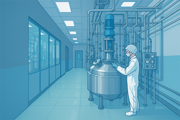 「医薬品原薬のPDE（一日ばく露許容量）・OEL（職業ばく露限界）設定」サイト用の、医薬品原薬製造設備のイラスト。交叉汚染防止や作業者安全のリスク管理が重要なPDE（ADE）・OEL設定に対応。住化分析センターの毒性学の専門知識と豊富な経験を持つリスク評価の専門家が、信頼性の高い評価報告書を提供。